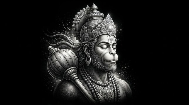 Lord hanuman illustration with divine gada mace in monochrome style