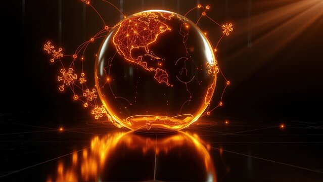 Glowing earth illustration. Network connections radiate from continents, reflecting on dark surface. Digital world concept.
