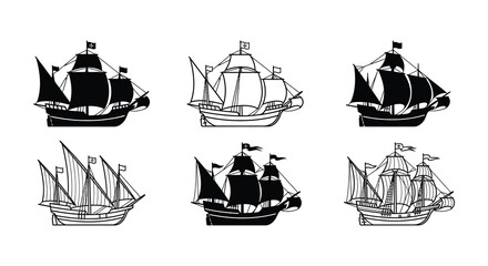 Collection of black line art galleons on a white background © MdNirob