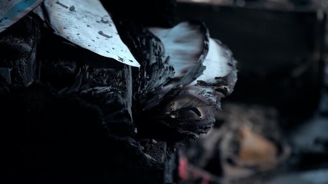 Moody blue close up of charred wood and burnt paper fragments with ash textures, rough surfaces, and shattered edges for dramatic industrial mood in motion storytelling and advertising