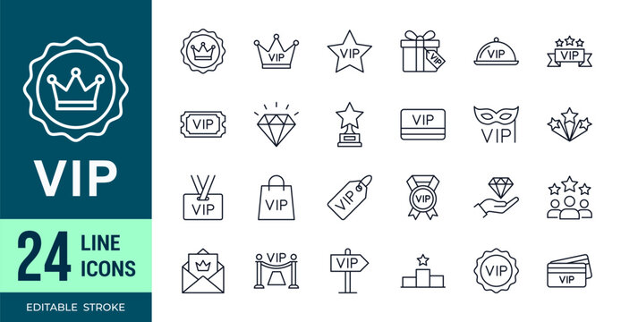 VIP line icons, premium membership, luxury service and exclusive access symbols, editable stroke