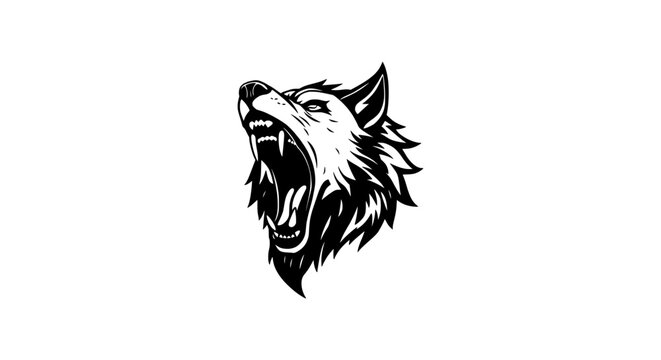 Roaring wild wolf head mascot, dynamic three quarter view black and white vector illustration