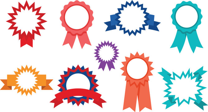 Colorful Prize Ribbon and Starburst Award Badge Vector Set Featuring Blank Seals Rosettes and Certification Labels for Business Marketing Quality Guarantees