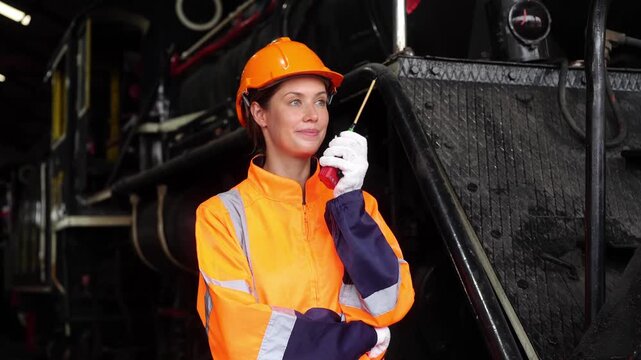 Worker in bright orange gear stands next to vintage steam engine