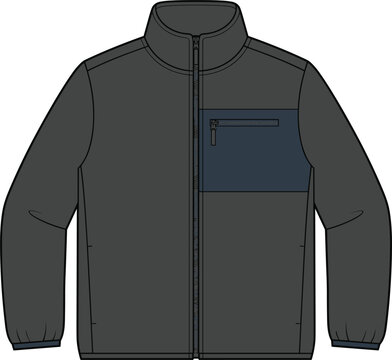 Dark grey fleece jacket vector template blank zip up coat mockup illustration with chest pocket technical sketch for outdoor apparel design