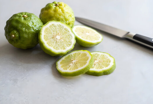 Healthy nutrition and organic food preparation, fresh kaffir lime fruit sliced with a kitchen knife on a stone countertop for culinary cooking recipes