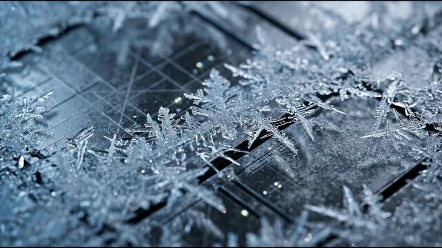 Silver ice crystals, Cold-chain logistics background composed of delicate translucent ice crystals across a dark silver optical plane, cool diffuse il