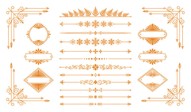 Vintage orange line borders with elegant flourish accents and winter snowflake dividers