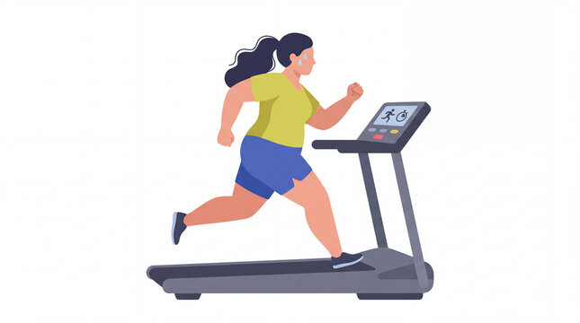 Flat vector illustration of an overweight woman running on a treadmill to lose weight, doing active cardio workout and fitness training