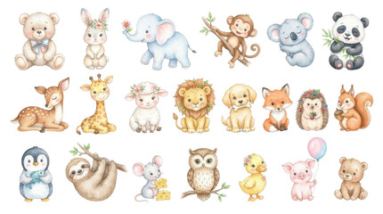Fototapeta premium Cute watercolor animal clipart set featuring various forest and jungle creatures for nursery decor
