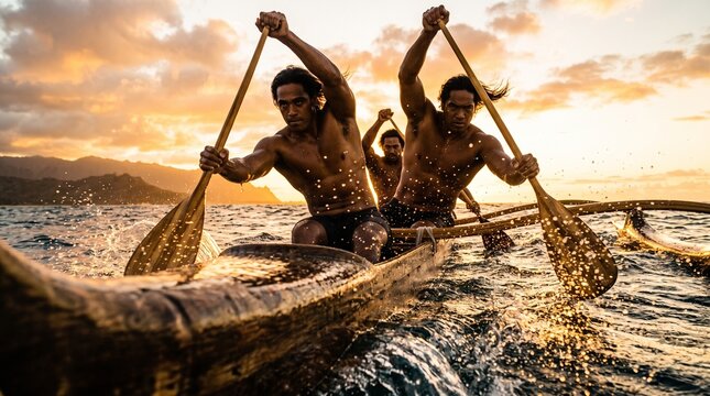 Three Polynesian men paddle a traditional outrigger canoe at sunset with dramatic golden sky and ocean spray