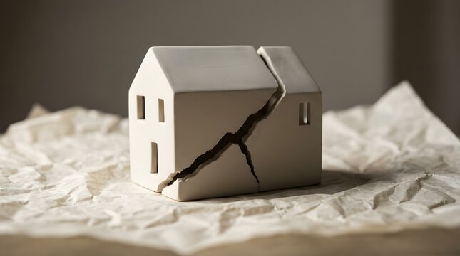 Broken white ceramic house model resting on crumpled paper representing property damage and family separation for domestic dispute counseling services