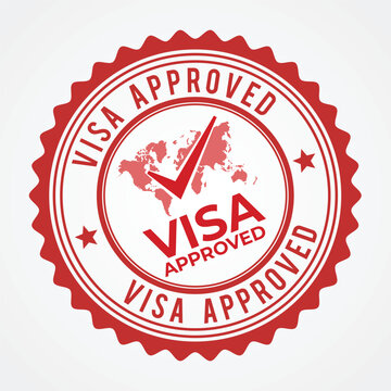 Red visa approved stamp design featuring global world map and check mark seal
