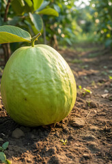 Fototapeta premium Organic guava fruit harvest, sustainable agriculture and healthy food production, fresh tropical produce growing in a sunny orchard soil environment