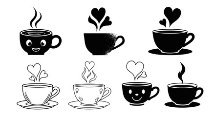 Fototapeta premium Set of cute happy coffee cups with steam hearts and smiles morning beverage caffeine drink cartoon vector