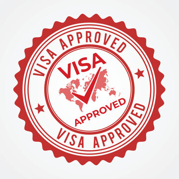 Visa approved stamp label with world map icon and checkmark for travel approval design