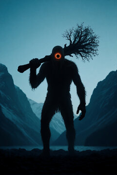 Vertical illustration of a giant hairy cyclops with a glowing orange eye carrying an uprooted tree in a mountainous landscape at dusk