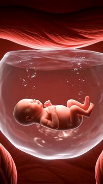 3d render of human fetus inside amniotic sac floating in womb