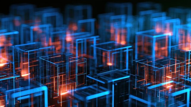 Blockchain infrastructure decentralized finance tokenized assets smart contracts financial inclusion copy space technology disruption theme futuristic Multilayer neon blockchain grid backdrop. 