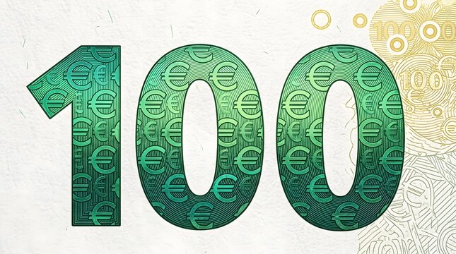 Green One Hundred Number Cutout Filled with Euro Currency Pattern on Banknote Style Background Graphic Illustration