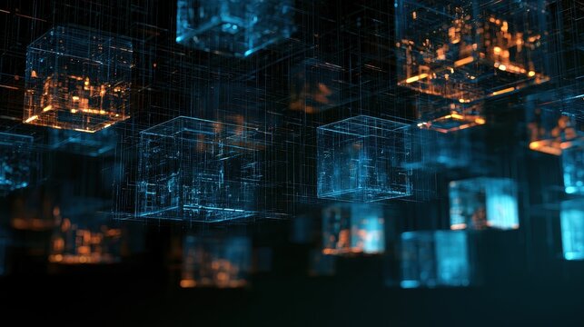 Blockchain infrastructure decentralized finance tokenized assets smart contracts financial inclusion copy space technology disruption theme futuristic Multilayer neon blockchain grid backdrop. 