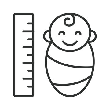 Baby growth measurement, icon in line design. Newborn, infant, child, kid, ruler, measure, height on white background vector. Baby growth measurement editable stroke icon.