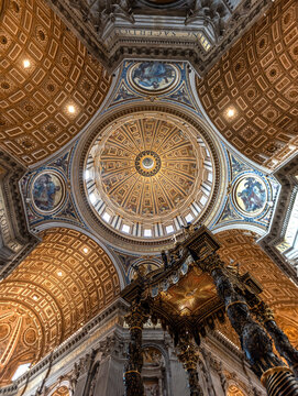 Rome, Italy - March 30, 2026 - Dome and baldachin of the main altar inside Saint Peters Basilica Rome
