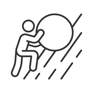 Effort and challenge, icon in line design. Struggle, pushing, uphill, goal, hard work, perseverance, motivation on white background vector. Effort and challenge editable stroke icon.