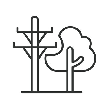 Electricity pole and tree, icon in line design. Power line, nature, environment, energy, infrastructure, utility, communication on white background vector. Electricity pole and tree editable stroke ic