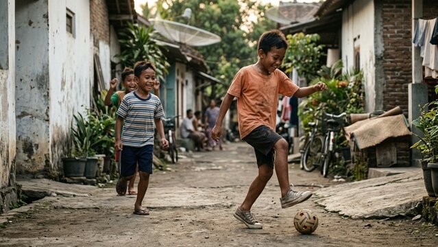 Indonesian children playing traditional games in a sunny rural village