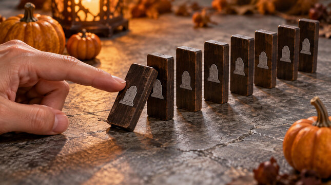 Mano derribando domin&oacute;s funerarios durante juego de Halloween