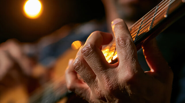 Acoustic guitar player fingering strings during intimate musical performance with warm stage lighting and focused emotion