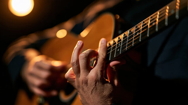 Acoustic guitar player strumming warm wooden instrument with focused hands during intimate music performance under soft light