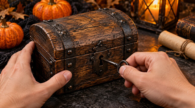 Manos desbloqueando cofre misterioso durante b&uacute;squeda de Halloween