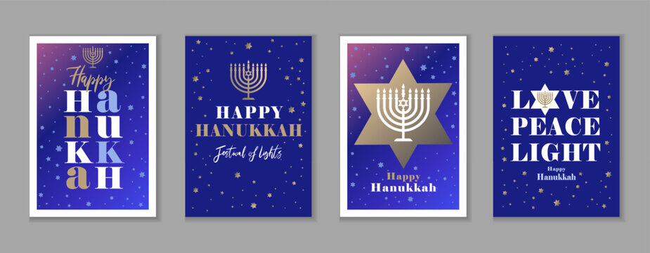 Happy Hanukkah 2026 creative greetings card set. Vector background for Hanukkah holiday with golden menorah Israel candle and greeting text