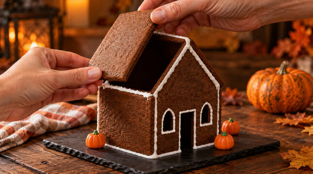 Manos colocando tejado comestible sobre casita de Halloween