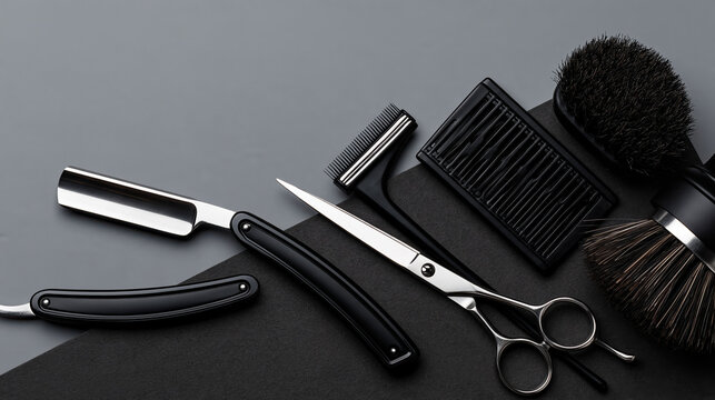 Barber tool arrangement with straight razor scissors comb and shaving brush on dark counter