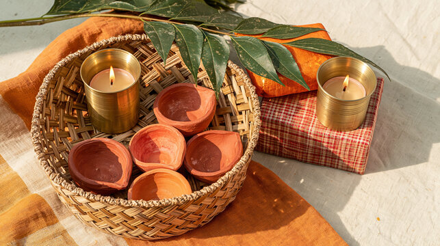 Artisanal Diwali gift hamper with handmade diya and brass candle
