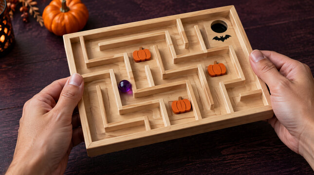 Manos inclinando laberinto embrujado durante juego de Halloween