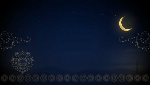 Elegant crescent moon with intricate islamic geometric pattern on dark night sky background