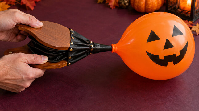 Manos inflando globo calabaza con fuelle para Halloween