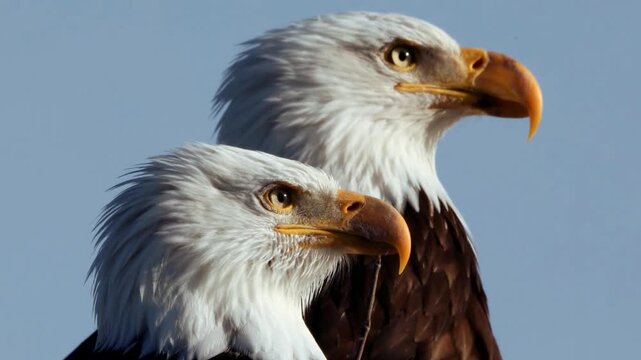 Two seabirds head close-up against clear blue sky, calm coastal wildlife portrait in bright natural light with sharp yellow beaks and detailed feather texture from seaside cliff viewpoint