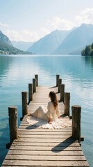 Fototapeta premium Young woman in white flowing dress sits on wooden pier. Looks at calm blue lake, high mountains. Peaceful summer landscape with clear sky. Lone female enjoys nature, relaxation, solitude, quiet