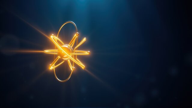 Glowing atomic model. Bright orange nucleus, orbiting electrons. Dark blue background, light rays emanate outward. Science concept illustration.