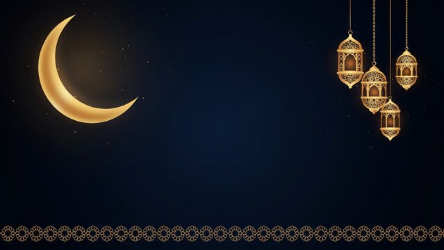 Crescent moon with hanging traditional lanterns against dark night sky