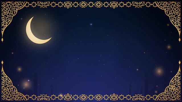 Dark night sky with crescent moon and decorative gold border