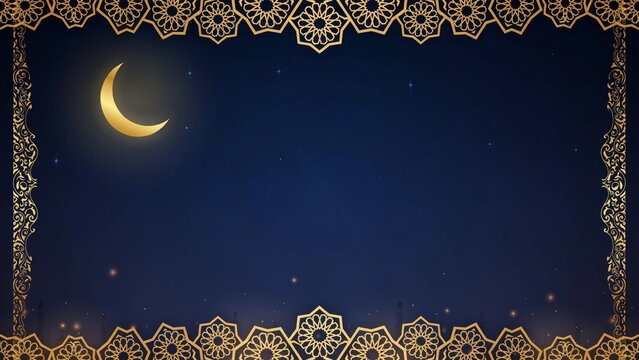 Crescent moon with colorful glow on ornate decorative border
