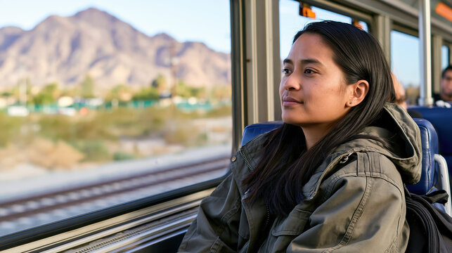 Lone traveler gazing from train window at passing mountain landscape with peaceful expression during scenic journey