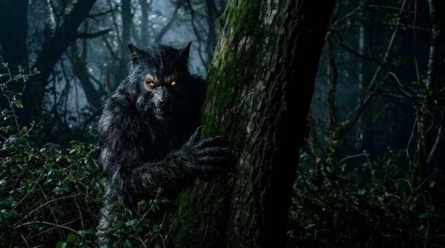 Fierce werewolf lurking behind a mossy tree in a dark night forest