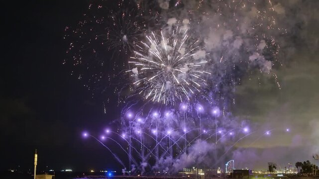 Amazing fireworks display over the coast of barcelona